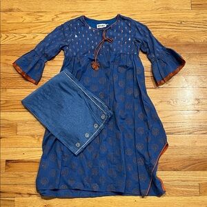 Floral Decorative Print Rich Blue & Rust Empire Waist Dress & Matching Shawl NWT